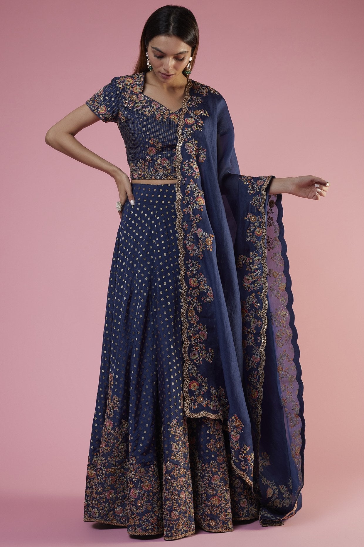 Blue Brocade Embroidered Lehenga Set